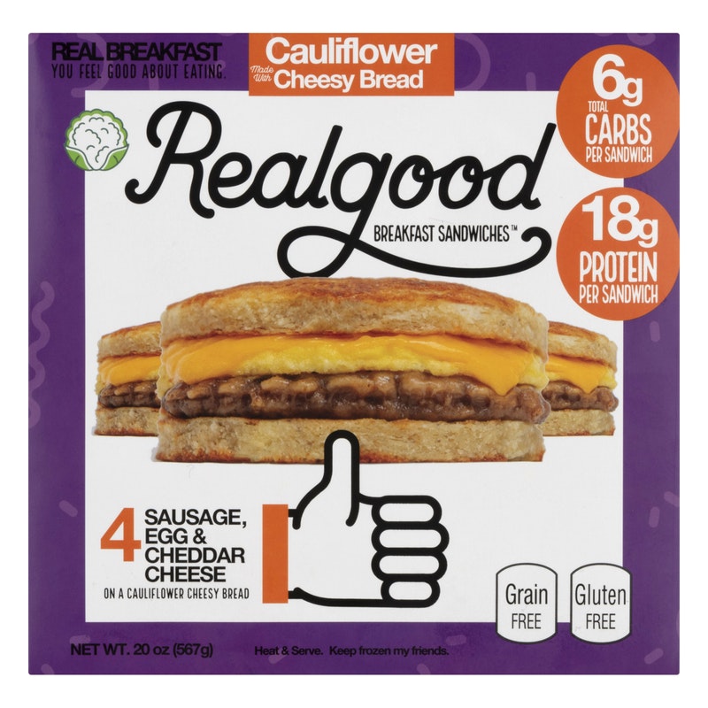 Realgood 4 Sausage, Egg & Cheddar Cheese On A Cauliflower Cheesy Bread Breakfast Sandwiches, Sausage, Egg & Cheddar Cheese