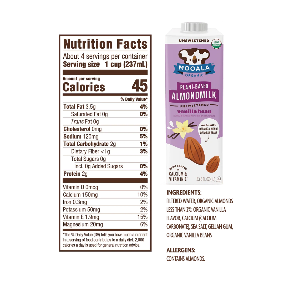 Mooala Organic Plant-Based Unsweetened Vanilla Bean Almond Milk | 6 pack