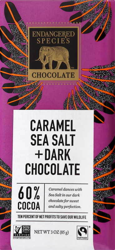 The Endangered Species Chocolate Co 60% COCOA CARAMEL SEA SALT + DARK CHOCOLATE, CARAMEL SEA SALT