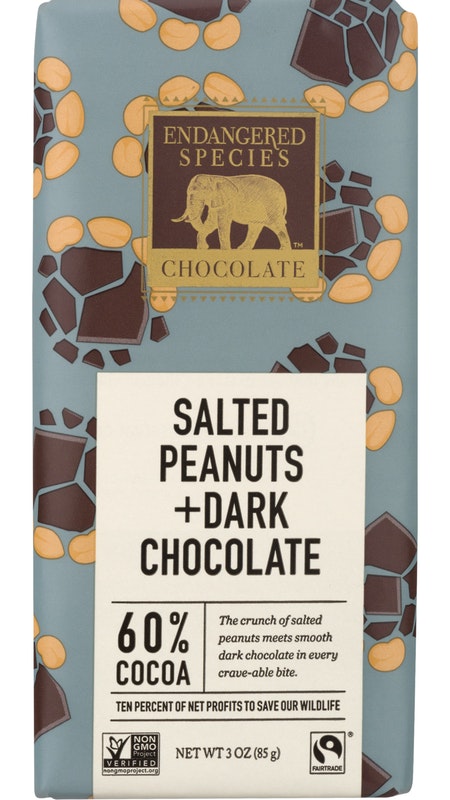 The Endangered Species Chocolate Co 60% COCOA SALTED PEANUTS +DARK CHOCOLATE, SALTED PEANUTS