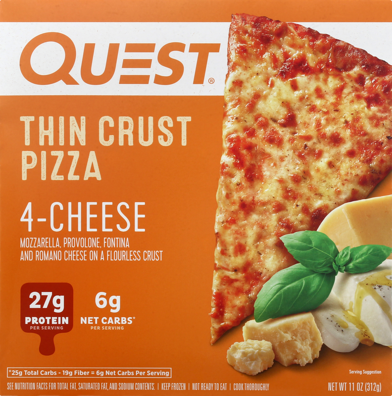 Quest Nutrition, LLC 4-CHEESE MOZZARELLA, PROVOLONE, FONTINA AND ROMANO CHEESE THIN CRUST PIZZA, 4-CHEESE