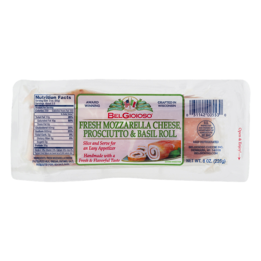 Belgioioso Roll, Fresh Mozzarella Cheese, Prosciutto & Basil, Vacuum Packed