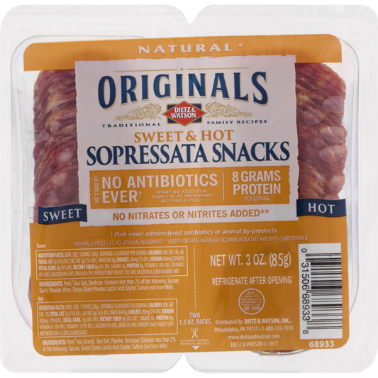 Dietz & Watson Sopressata Snacks, Sweet & Hot, Two Packs, Originals